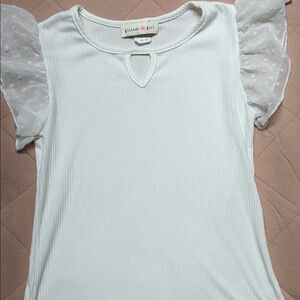 Glitter Girl White Ribbed Top with Sheer Dot Flutter Sleeves